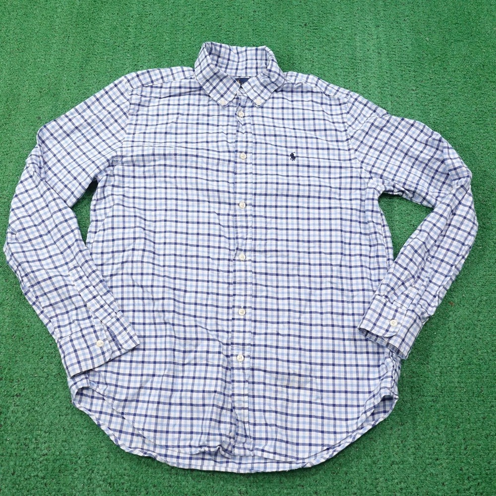 Ralph Lauren Shirt Youth XL‎ Blue White Plaid Button Down Long Sleeve Pony Check